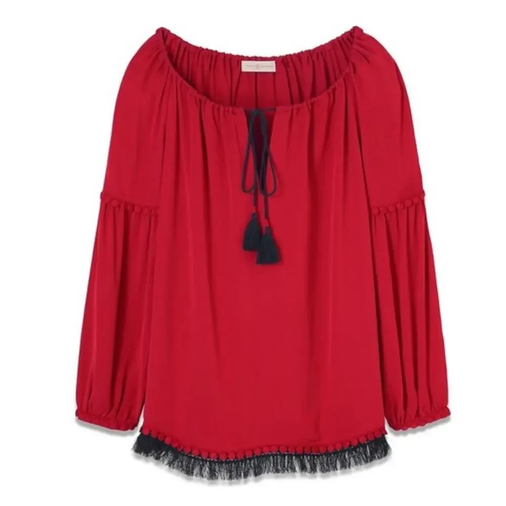 Tory Burch Sylvie Red Silk Tassel Tie Peasant Blouse